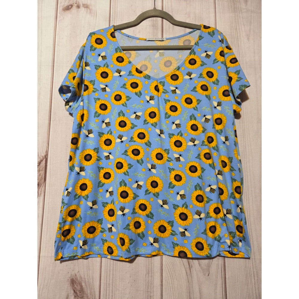 Amanda Blu Womens XL Blue‎ Sunflower Bee Print V-Neck Short Sleeve T-Shirt